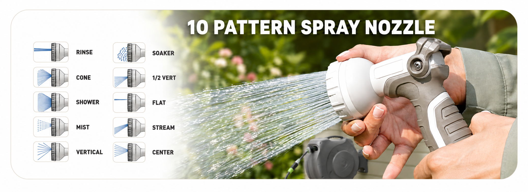 Person using a 10-pattern spray nozzle to water plants.
