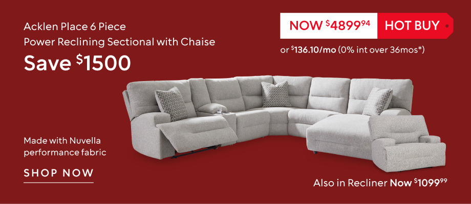 Save $1,500 on the Acklen Place six-piece power reclining sectional, now $4,899.94