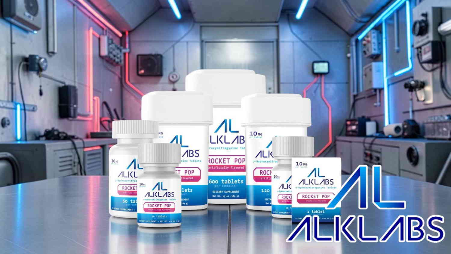 Bottles and boxes of ALKLABS products on a futuristic table setting.