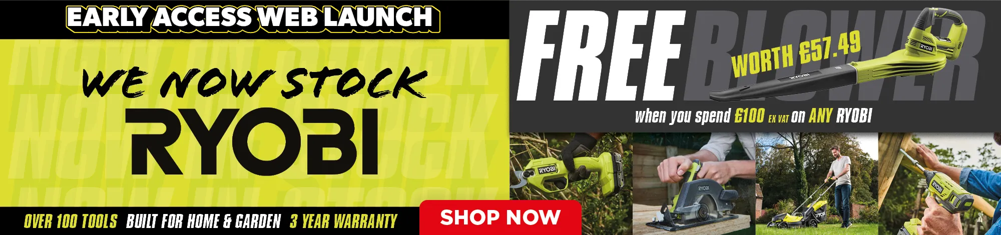 Promotional banner for Ryobi tools with free blower offer.