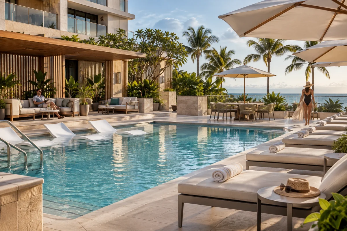 Upscale hotel pool deck with cushioned chaise lounges, umbrellas, side tables, and ocean views