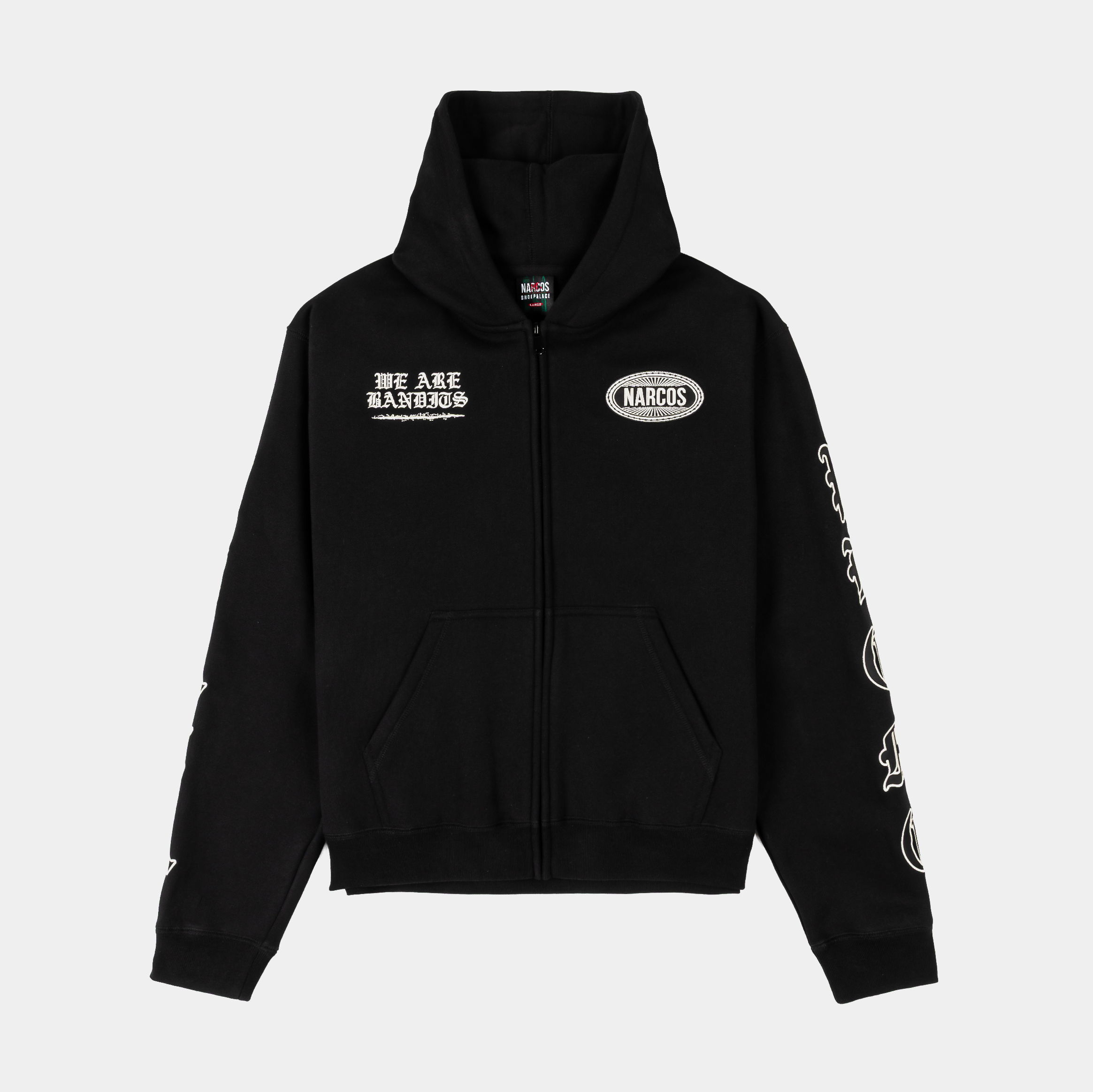 Black hoodie with graphic text and logo on the front and sleeves.