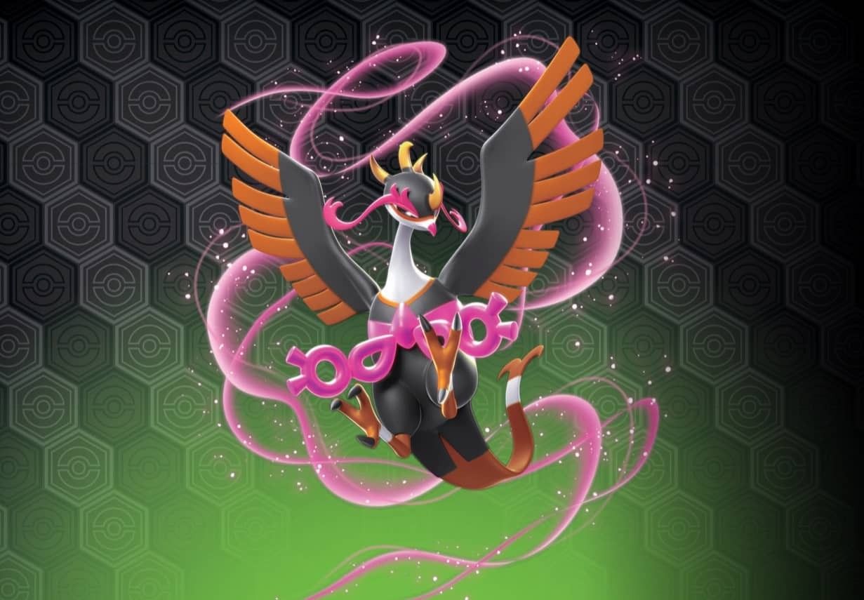 A mythical creature with wings and swirling pink accents against a dark background.