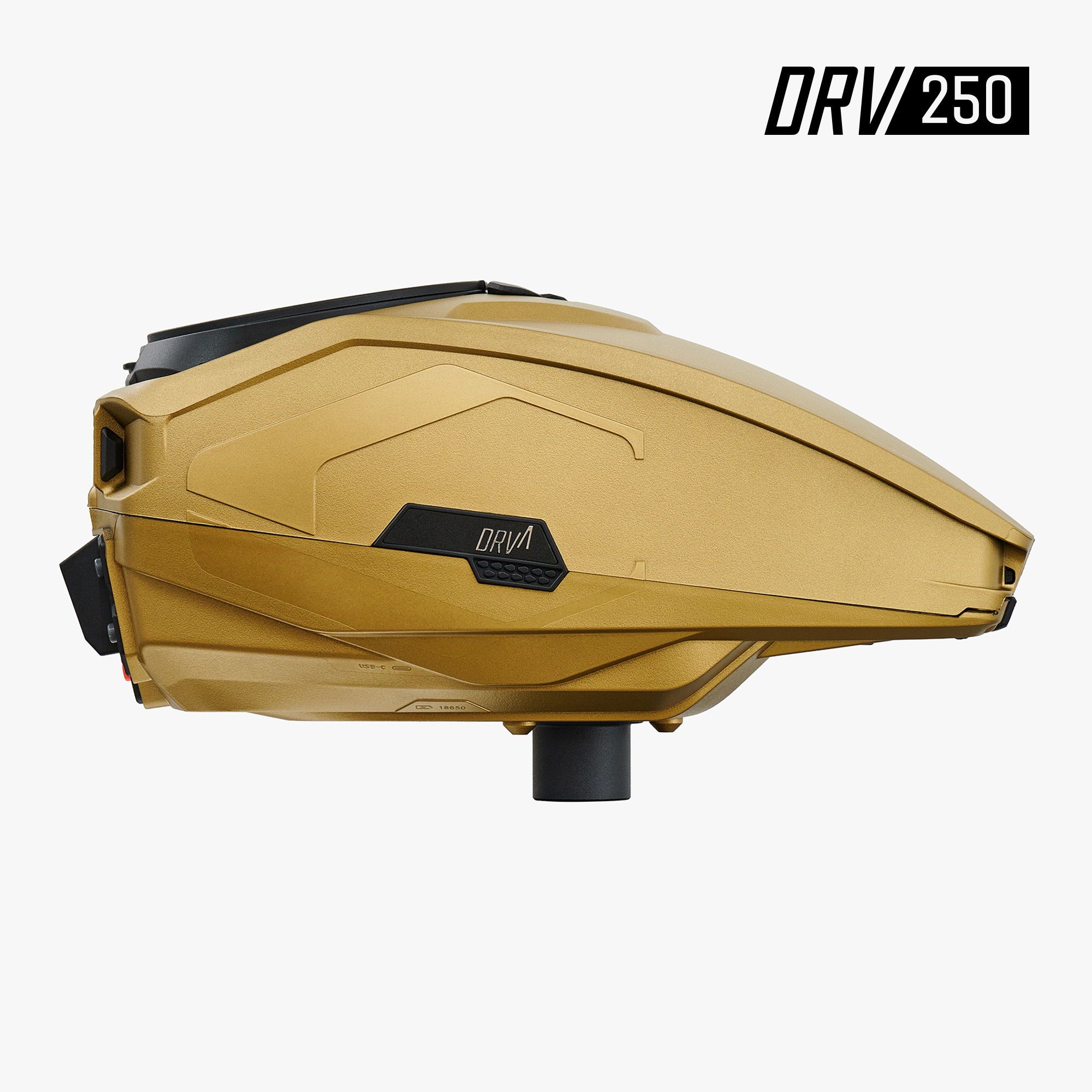 Gold paintball loader with a sleek design and black accents.