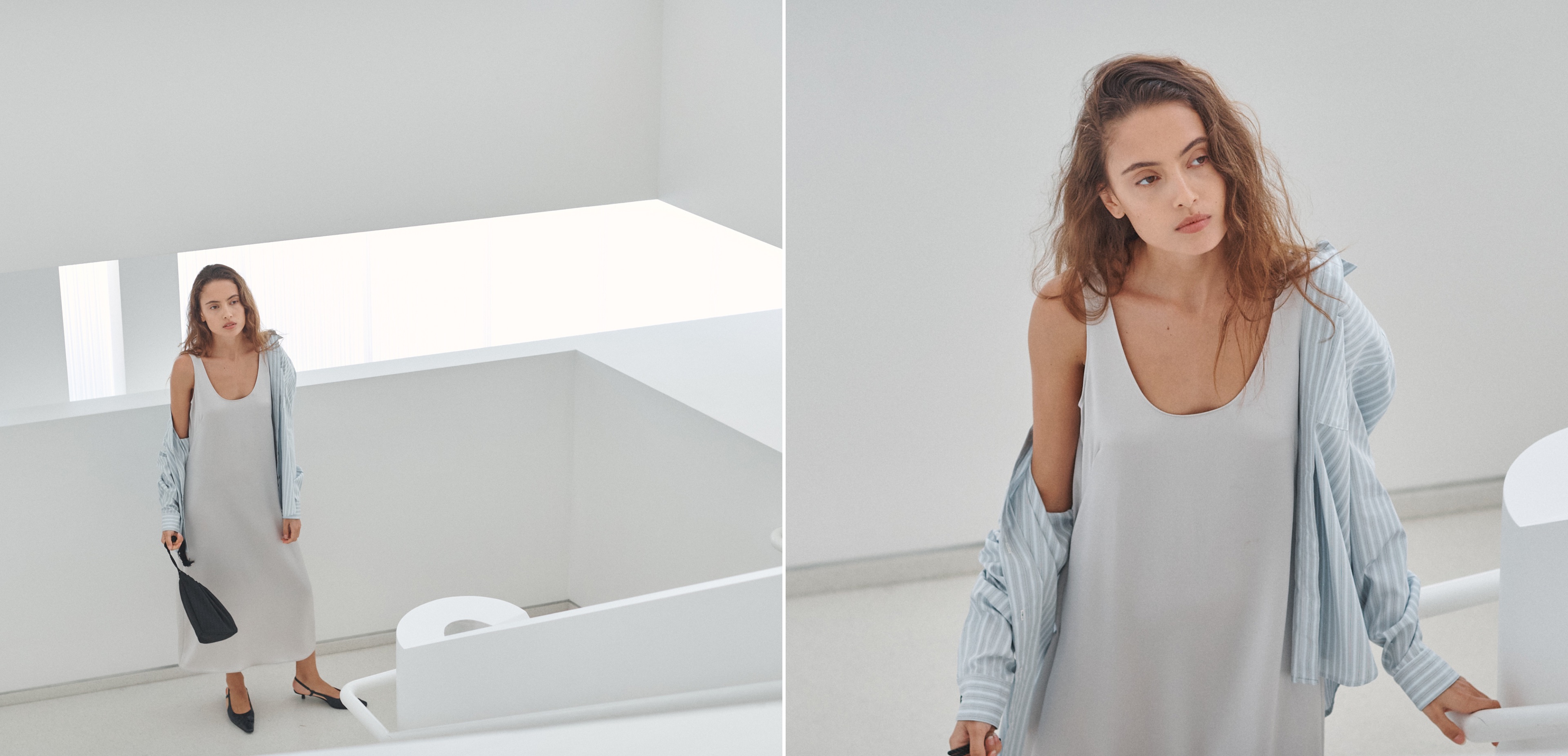 Yoshi Stripe Oversized Button Down in Sterling Stripe and Barb Scoop Midi in Cement
