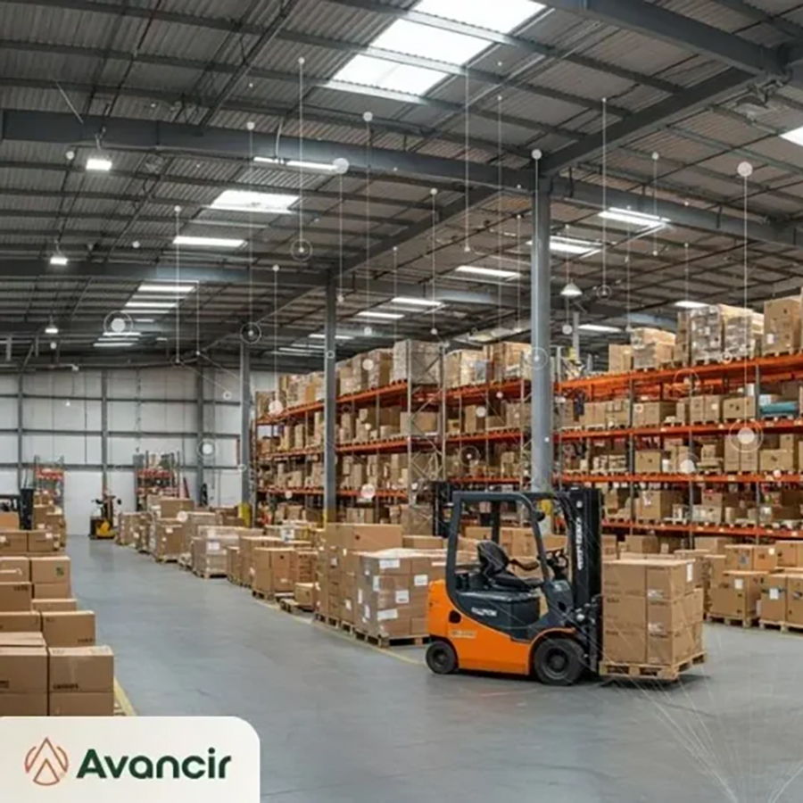 Warehouse interior with shelves of boxes and a forklift.
