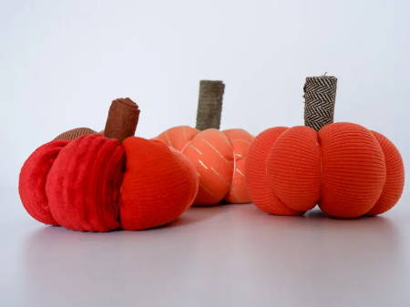 Three diy stuffed fabric pumpkins for Halloween or Fall