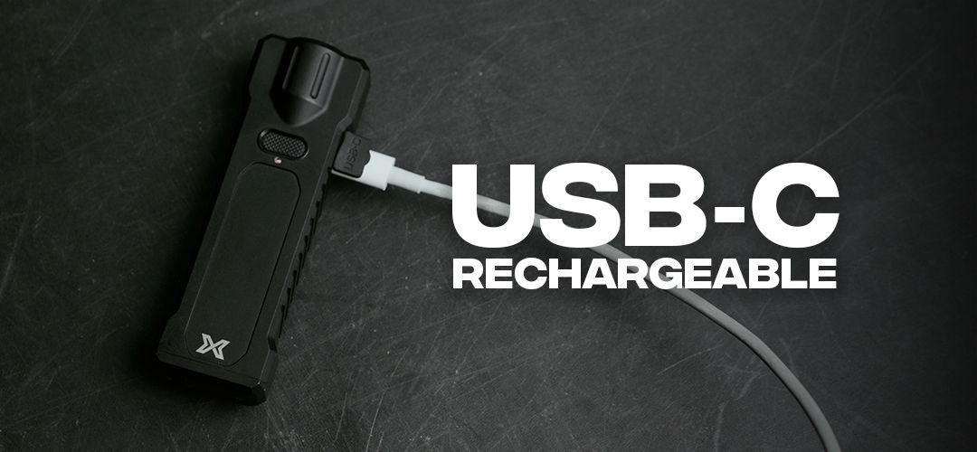 USB-C rechargeable device with charging cable connected.