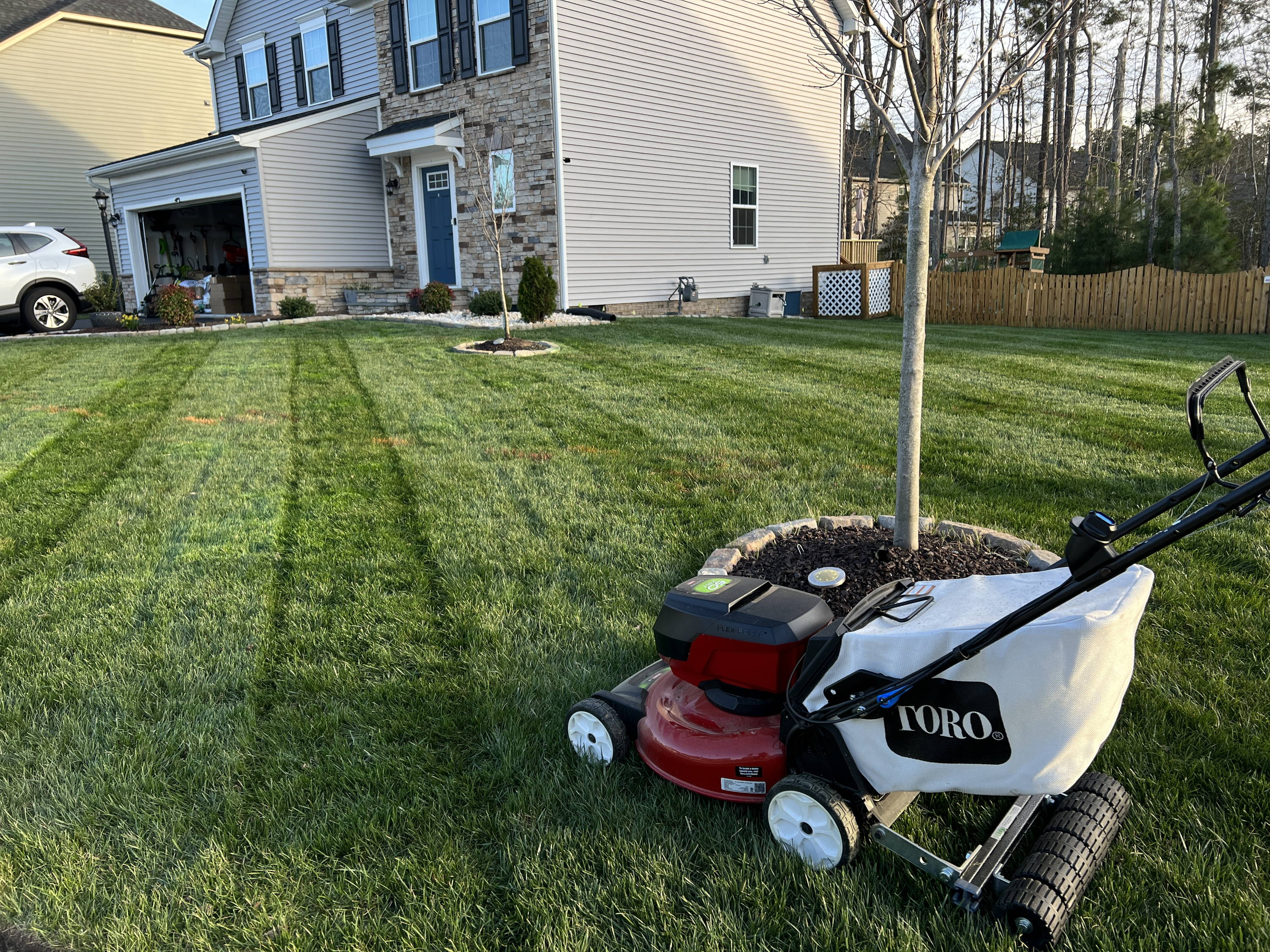 green beautiful lawn with a lawn mower