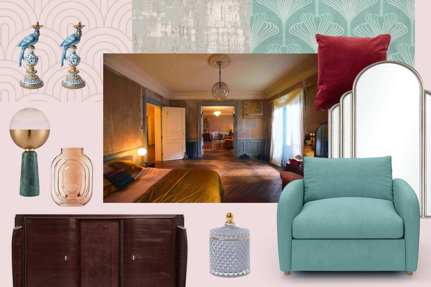 mood board of villanelle's paris apartment with a soft teal blue sofa