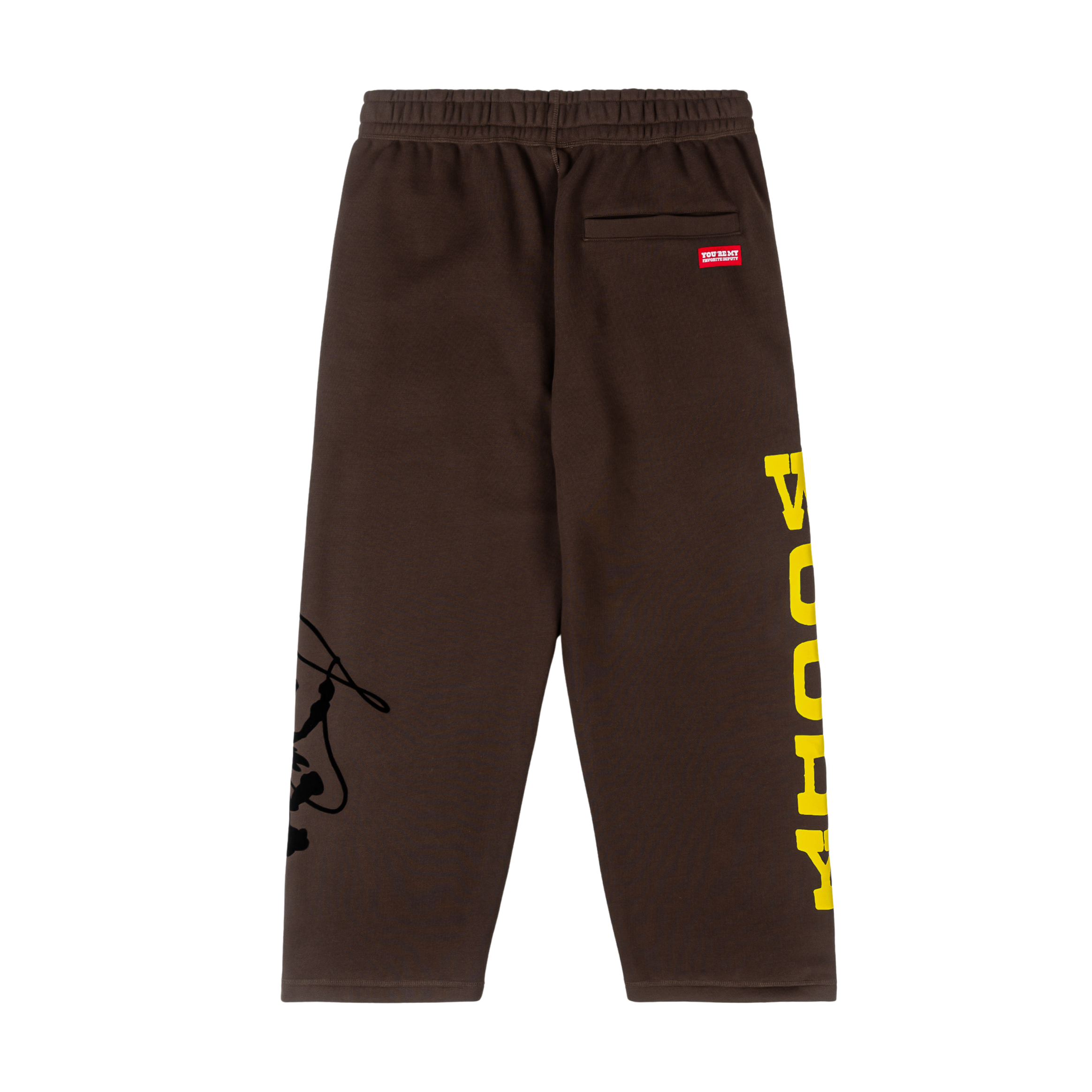 Brown sweatpants with yellow text and a black graphic design.