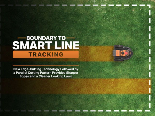 Lawn mower with text about smart line tracking technology.