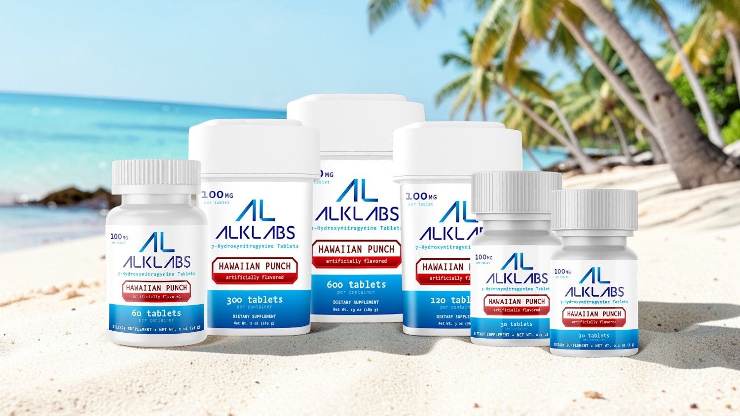 Bottles of dietary supplements on a beach with palm trees.