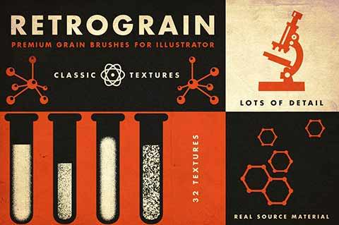 A collection of science motifs. Retrograin premium brushes for Illustrator. Real source materials.