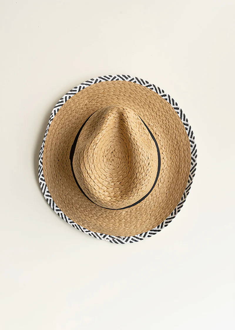 A wicker trilby sun hat with black and white ribbon detailing around the brim