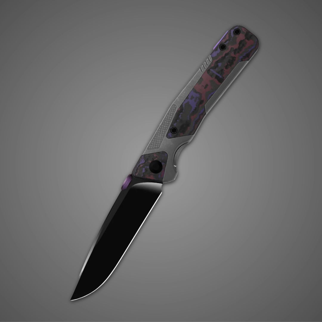 A folding knife with a transparent handle and a black blade.
