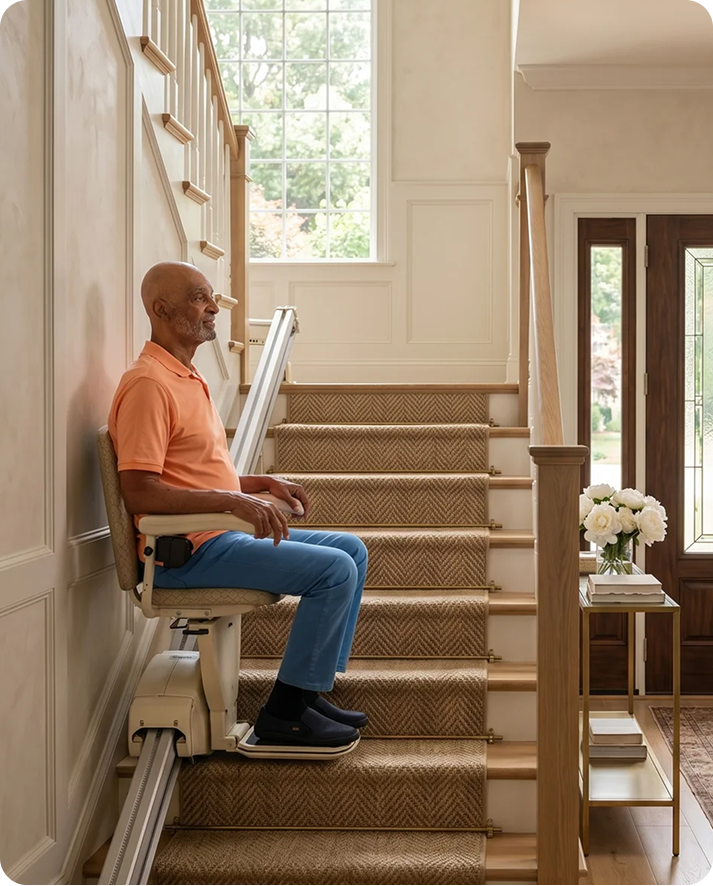 Man riding a stairlift down his staircase