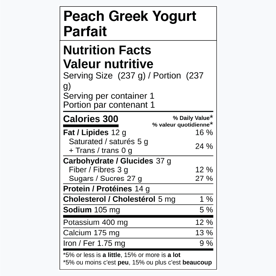Nutrition facts for Peach Greek Yogurt Parfait.