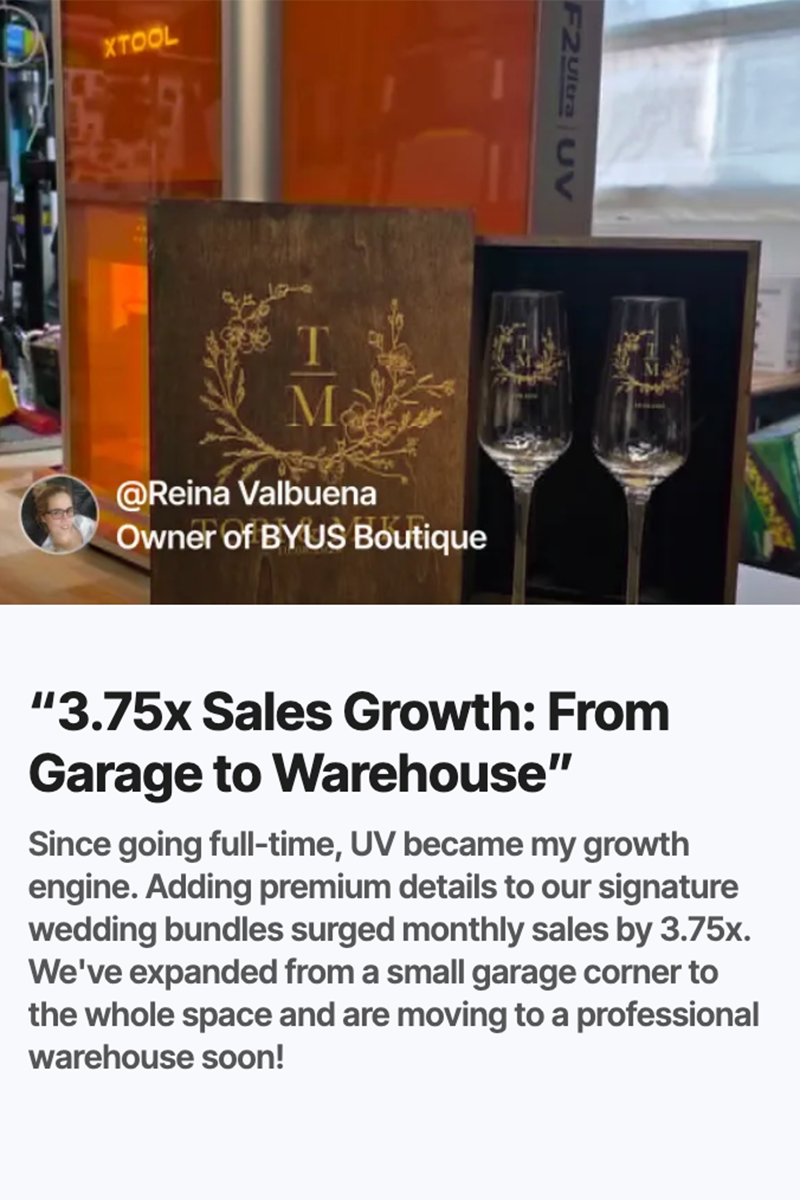 “3.75x Sales Growth: From Garage to Warehouse” with glasses and a wooden box.