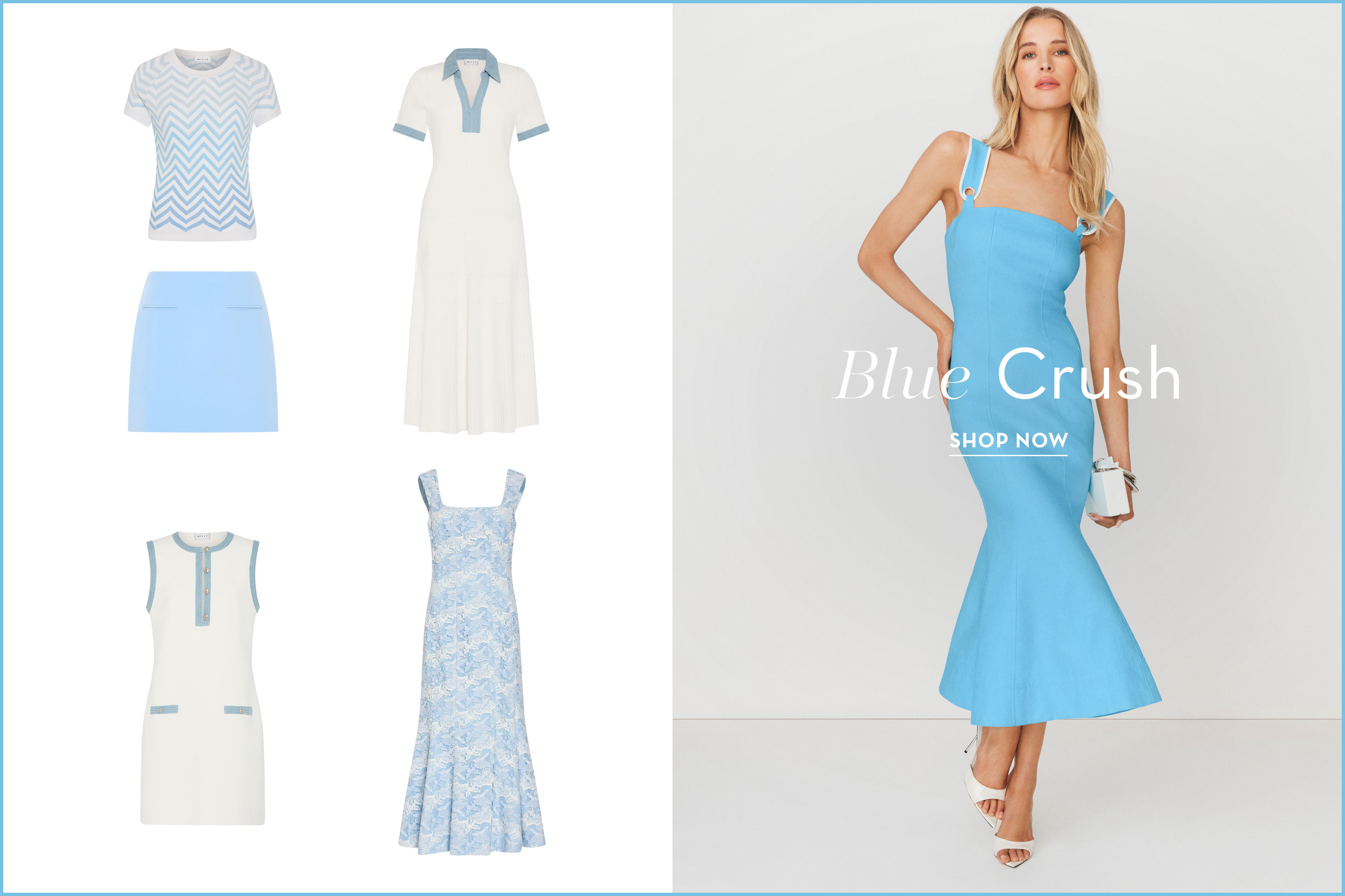 Fashion items in blue tones, including dresses and tops.