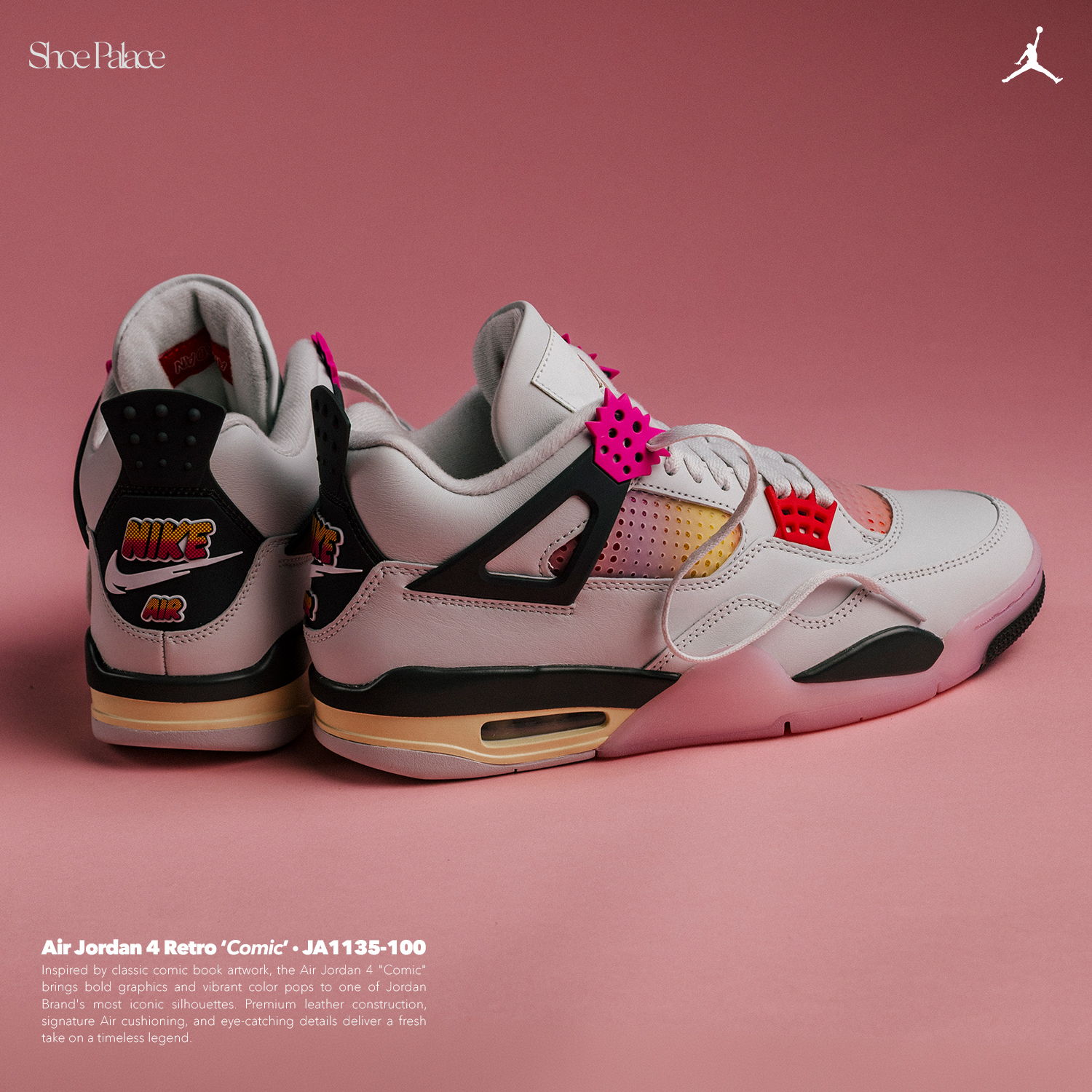 White and pink Air Jordan 4 sneakers on a pink background.
