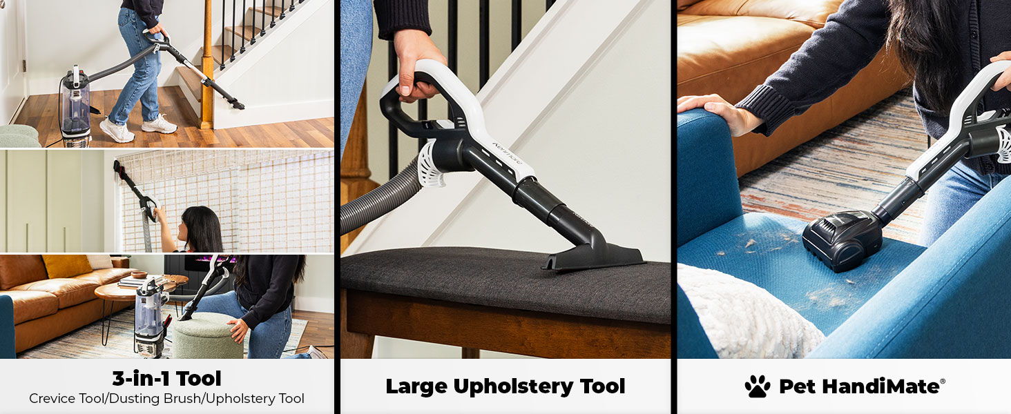 Vacuum cleaner tools in use: 3-in-1, upholstery, and pet handheld.