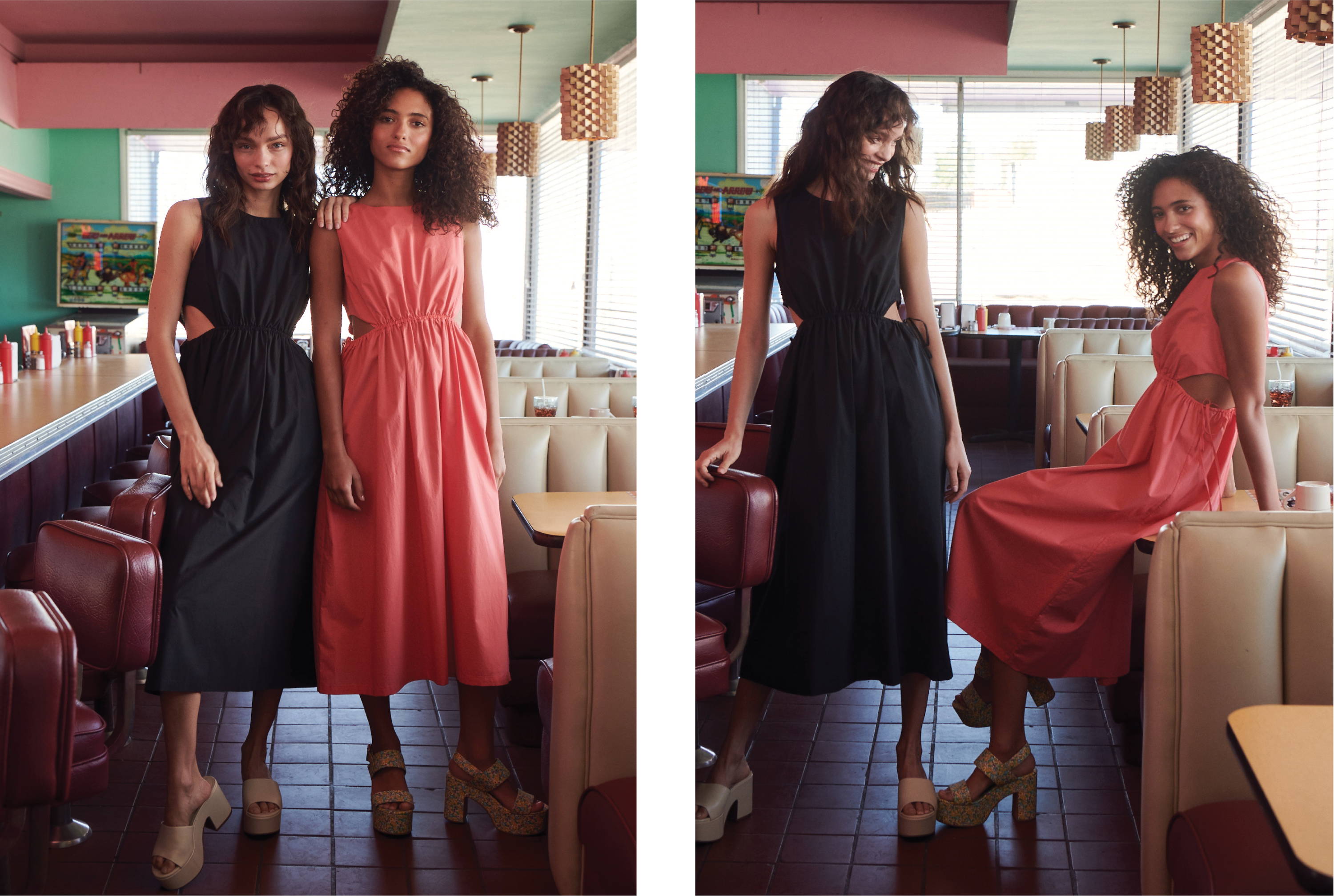 2 models in diner wearing Yvette dress in black and spiced coral - image 2