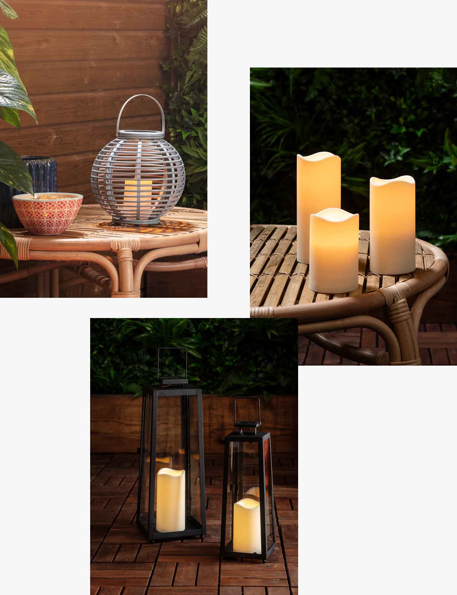 3 photos of solar lanterns and LED candles in a garden setting.