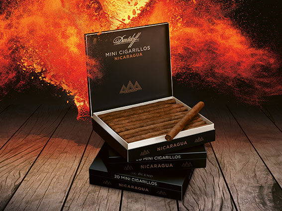 Eine Davidoff Nicaragua Mini Cigarillo, liegend auf ihrer geöffneten Kiste mit Feuer im Hintergrund. 