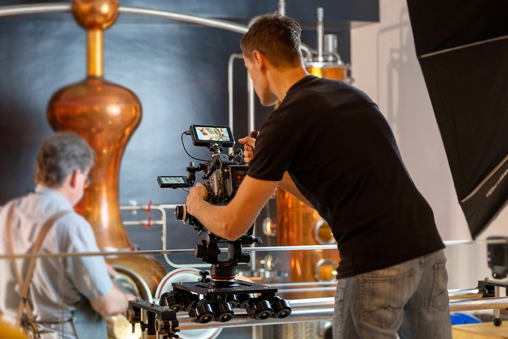Proaim Polaris portable camera dolly on set with a cinema camera