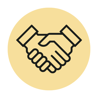 Two hands shaking inside a yellow circle, symbolizing agreement or partnership.