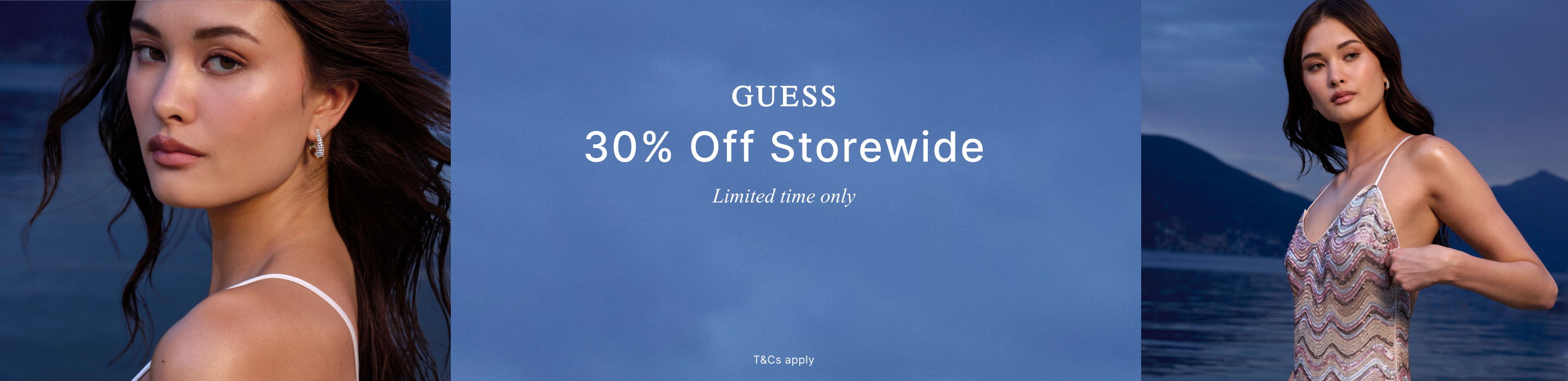 Model promoting 30% OFF Sitewide at GUESS.COM