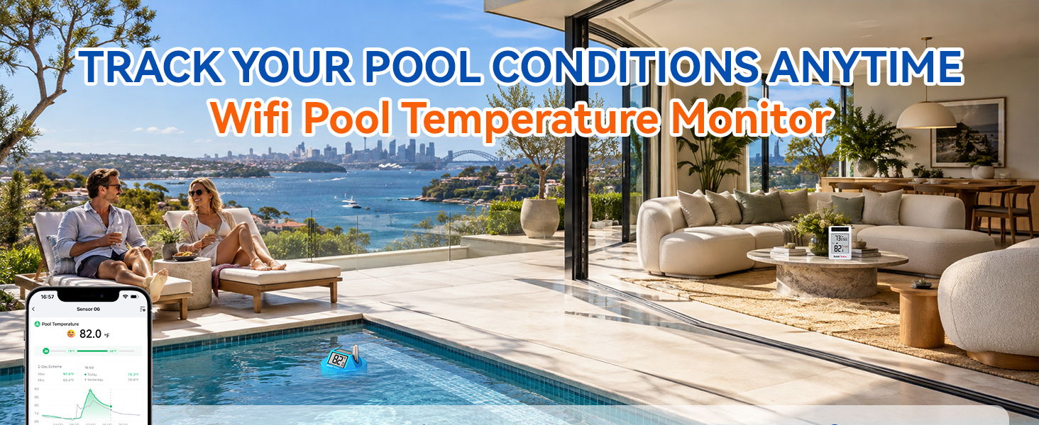 Poolside scene promoting PoolTemperature Monitor app for tracking conditions.