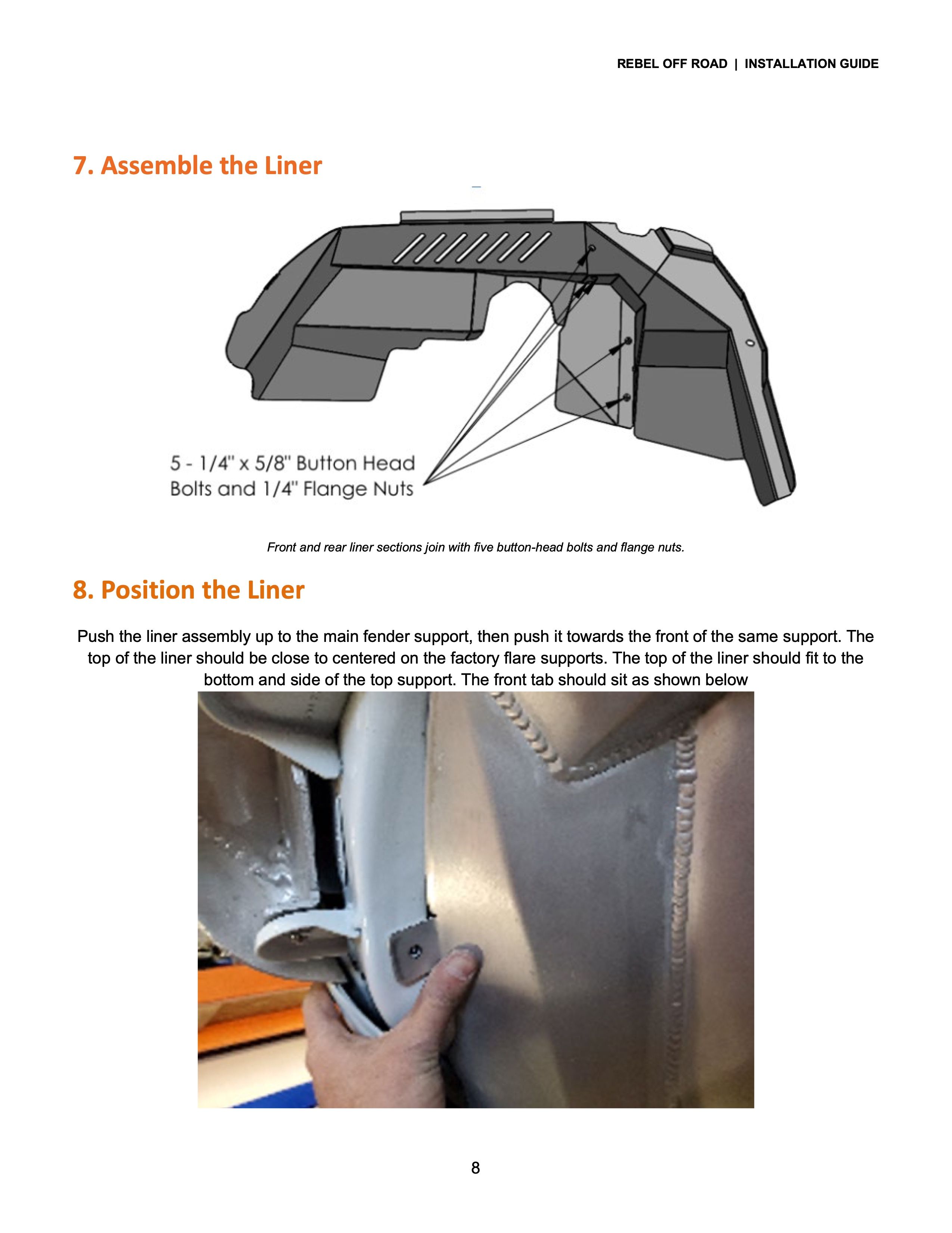 Assembly instructions for a liner with bolts and nuts.