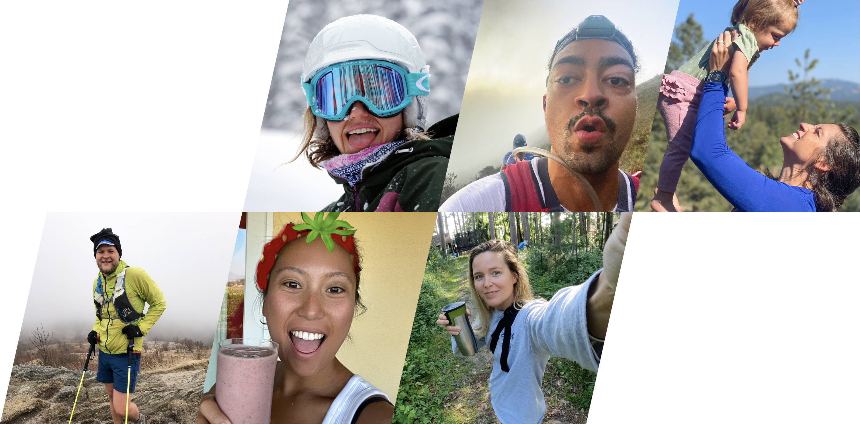 A collage of Complement vegan ambassadors being active, hiking, skiing, playing with their kids, and making smoothies. 