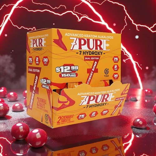 Box of 7 Pure Hydrolyzed Protein with red background and glowing elements.