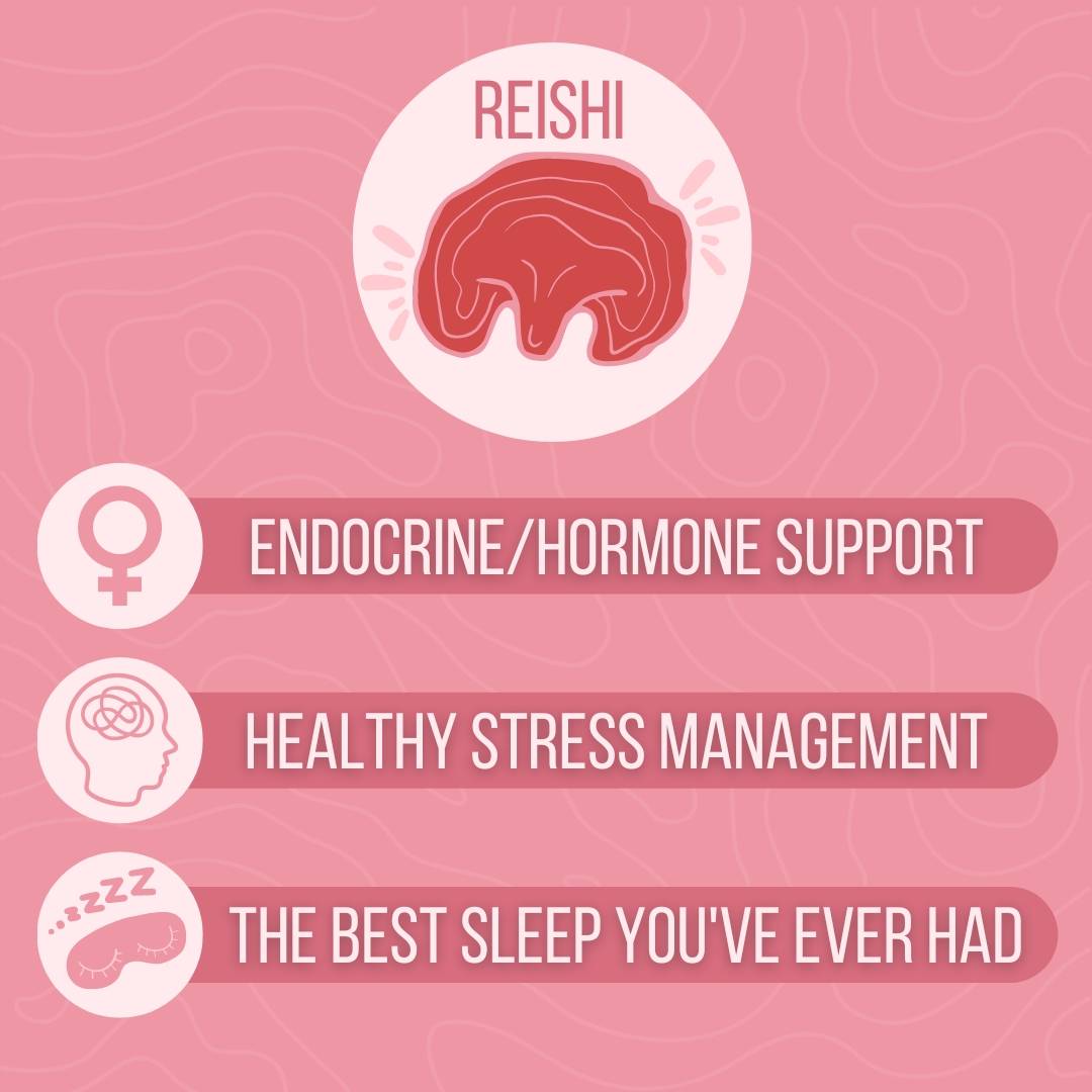 Reishi mushroom infographic. Reishi provides enocrine/hormone support, healthy stress management and the best sleep you've ever had