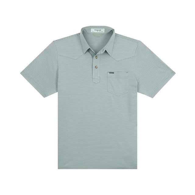 Light gray polo shirt with collar and pocket.