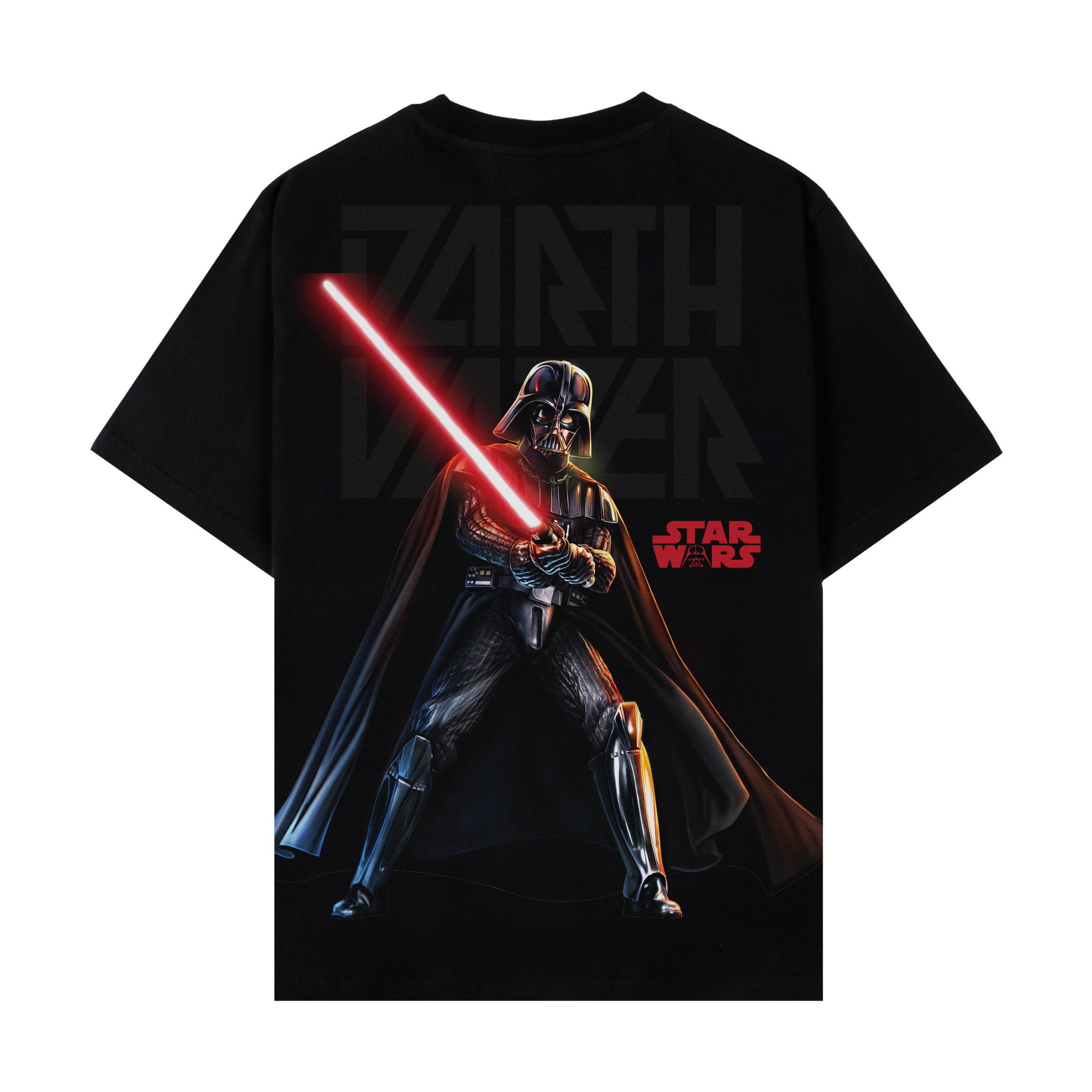 Black t-shirt featuring a character with a green lightsaber from Star Wars.