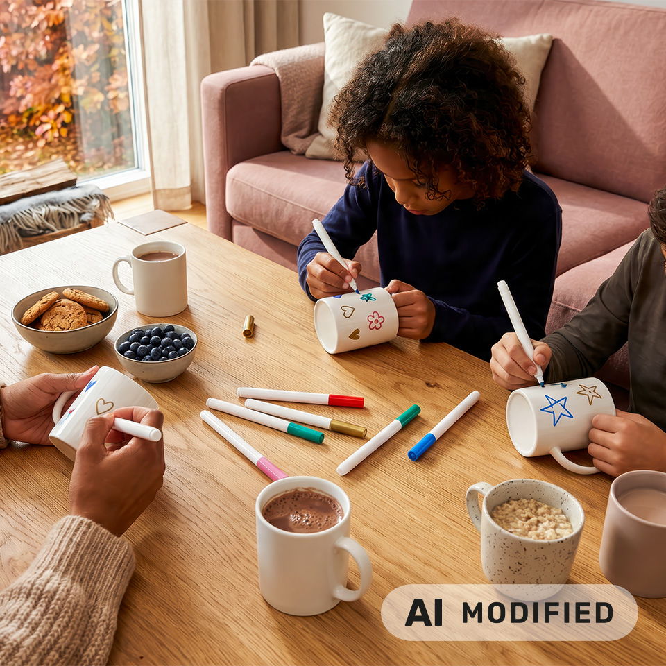 Des enfants et des adultes décorent des mugs avec des marqueurs autour d’une table.