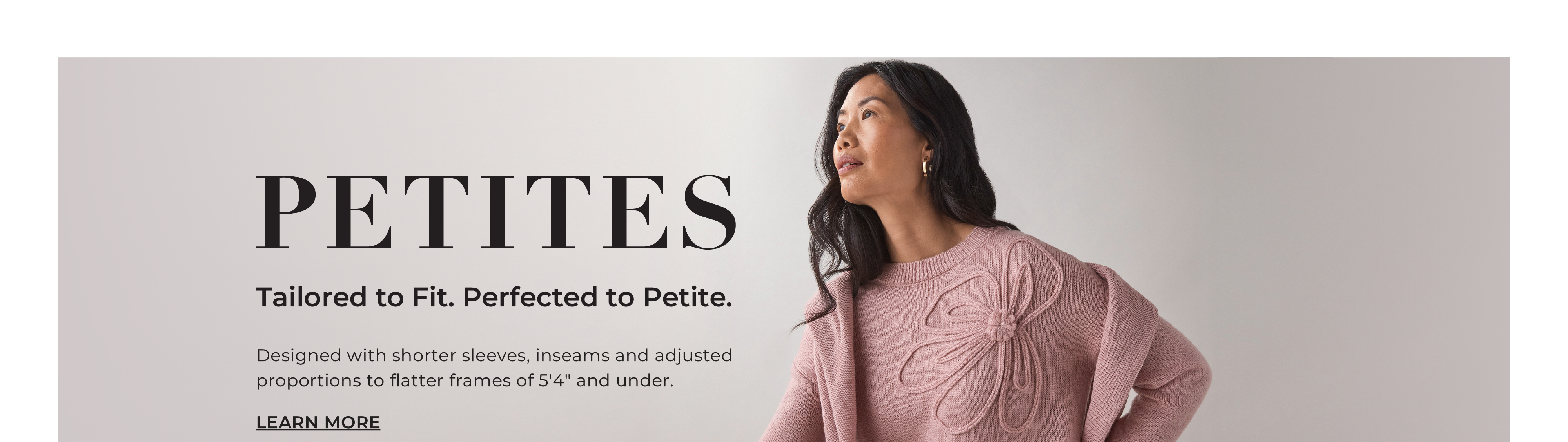 Text promoting petite clothing collection for women.