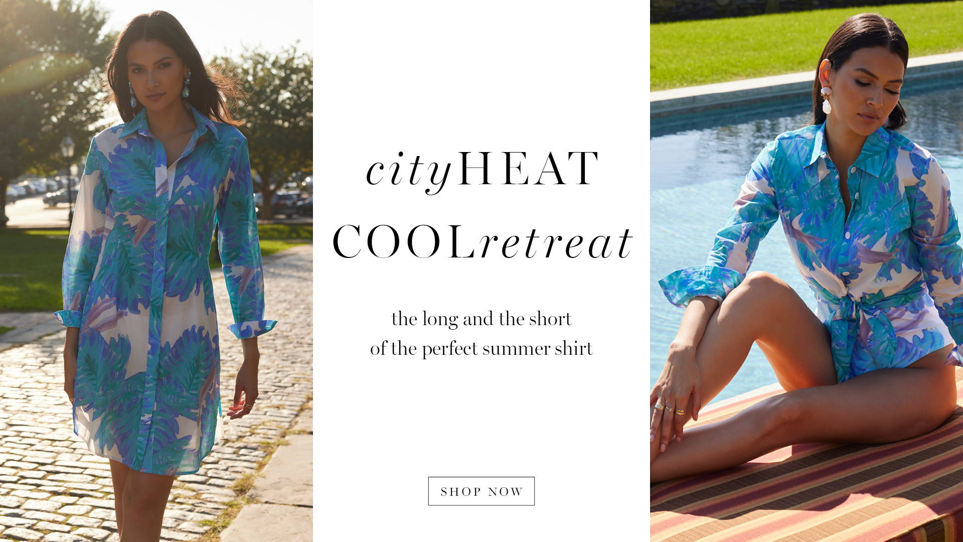 city heat cool retreat | the long and the short of the perfect summer shirt | Woman wearing short shirt dress in blue floral printed and woman wearing blue floral shirt over matching bating suit 
