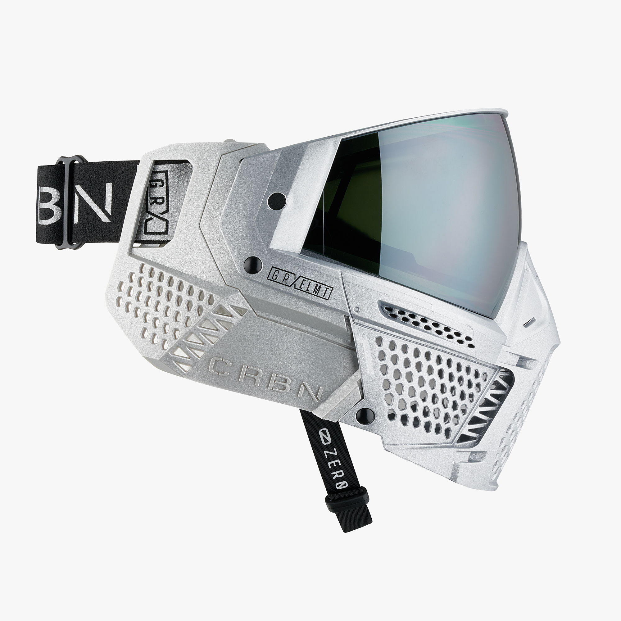 Silver paintball mask with adjustable strap.