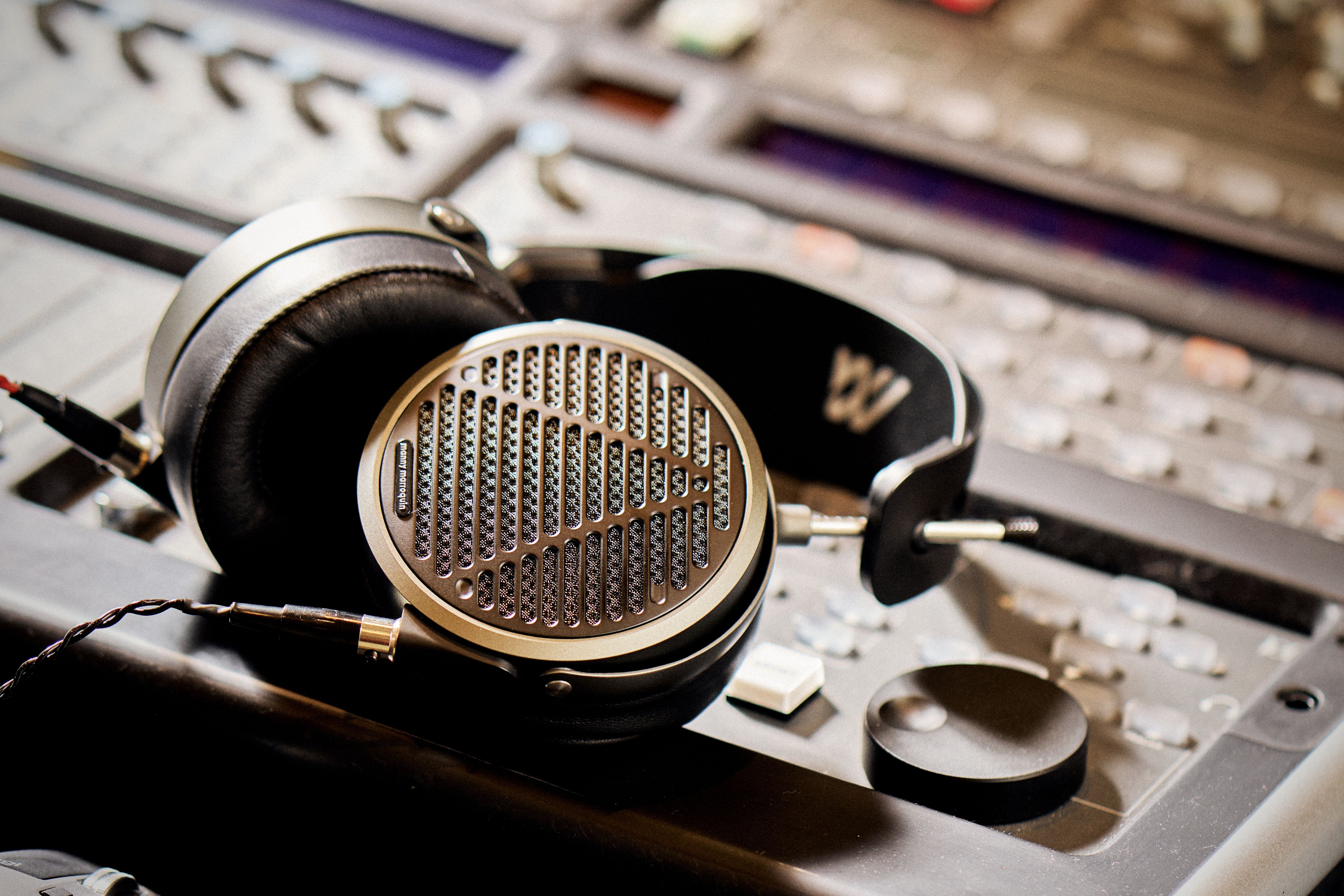 Audeze MM-500 headphones on the mixing board in the studio 