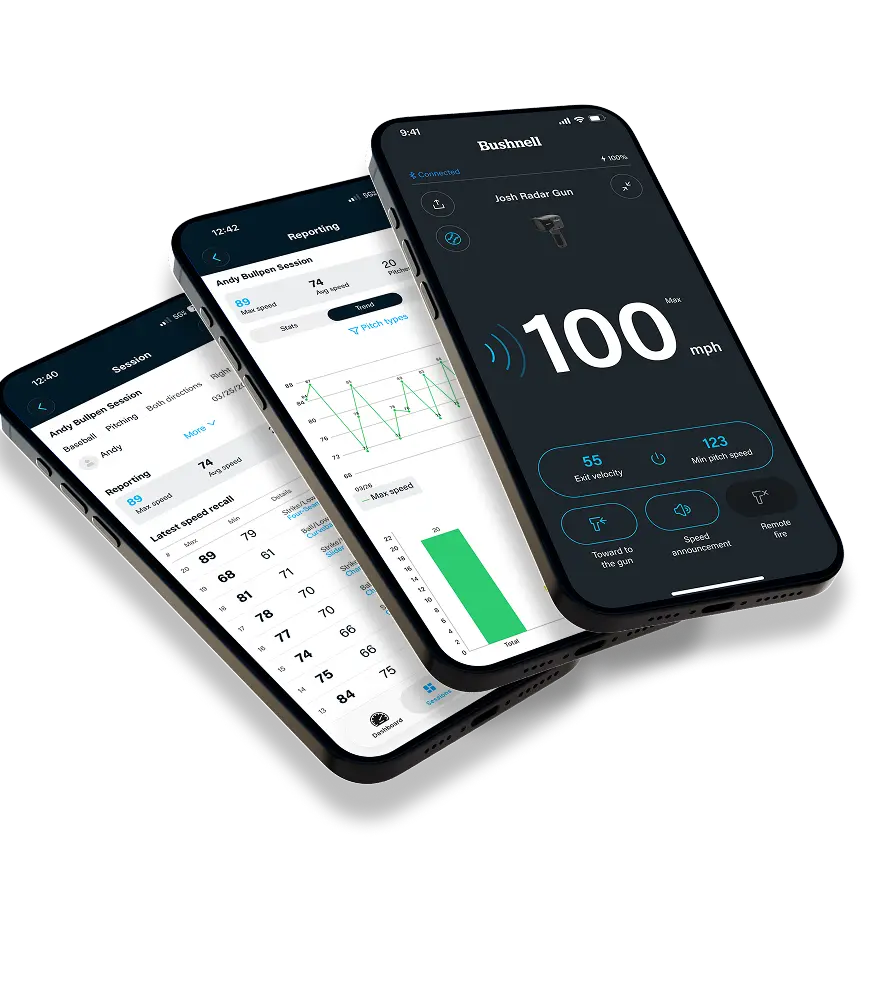 Three smartphones displaying various app interfaces and data readings.