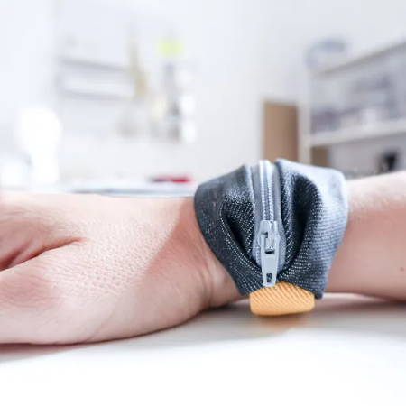 A diy wrist pouch wallet with a zipper around an arm with a closed zipper