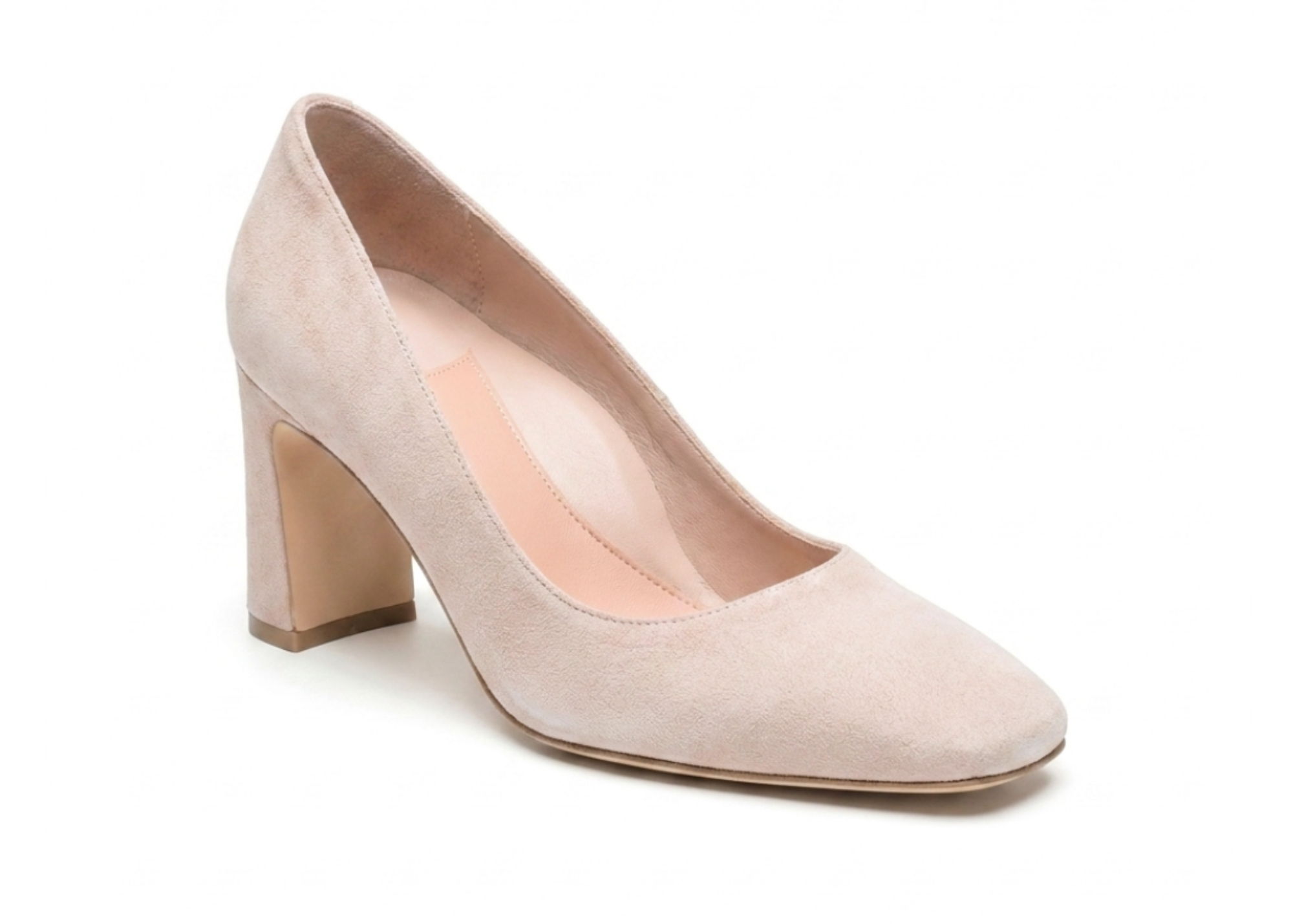 A beige high-heeled shoe with a chunky heel.