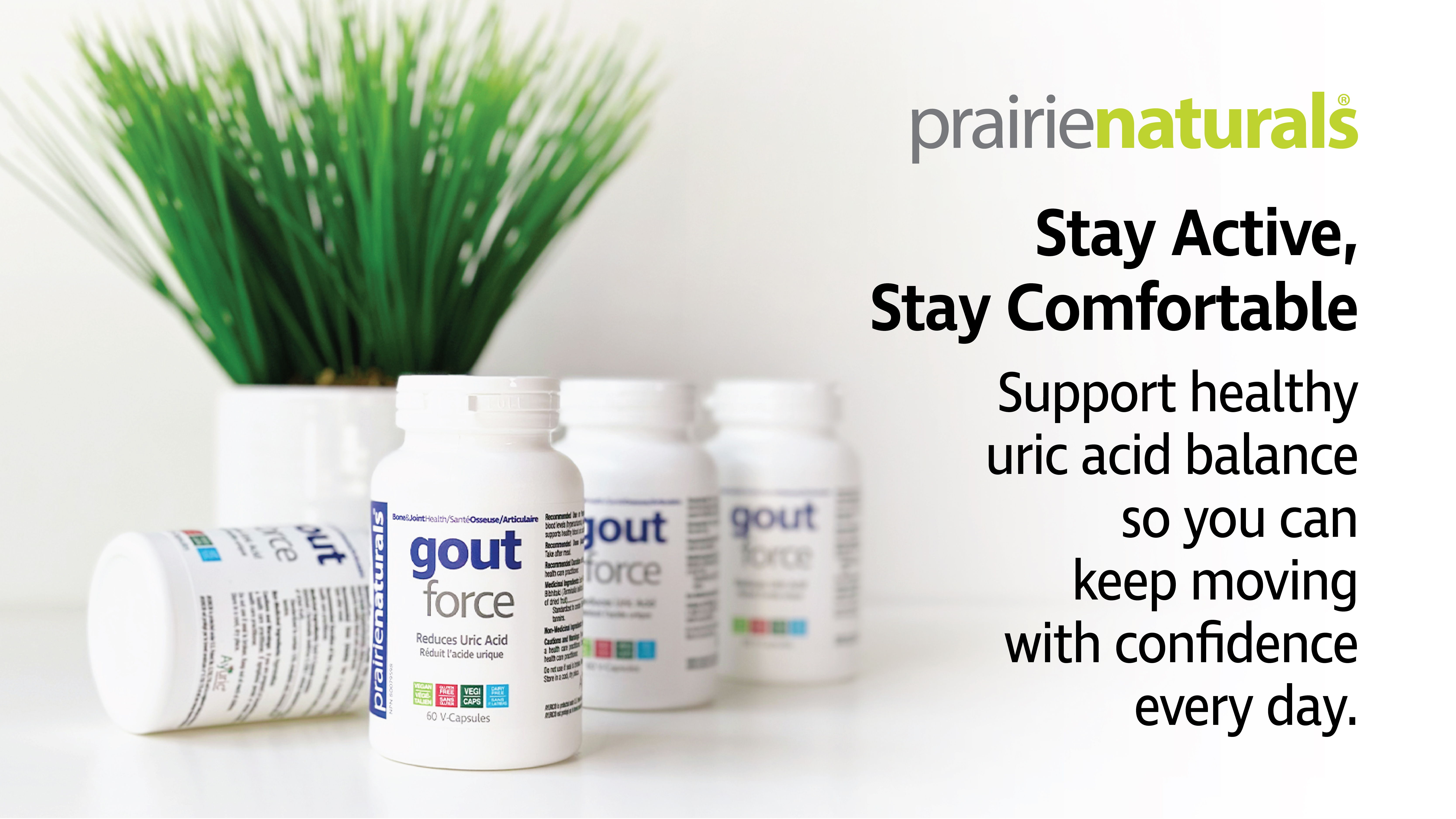 Bottles of supplements promoting active lifestyle and healthy uric acid balance.