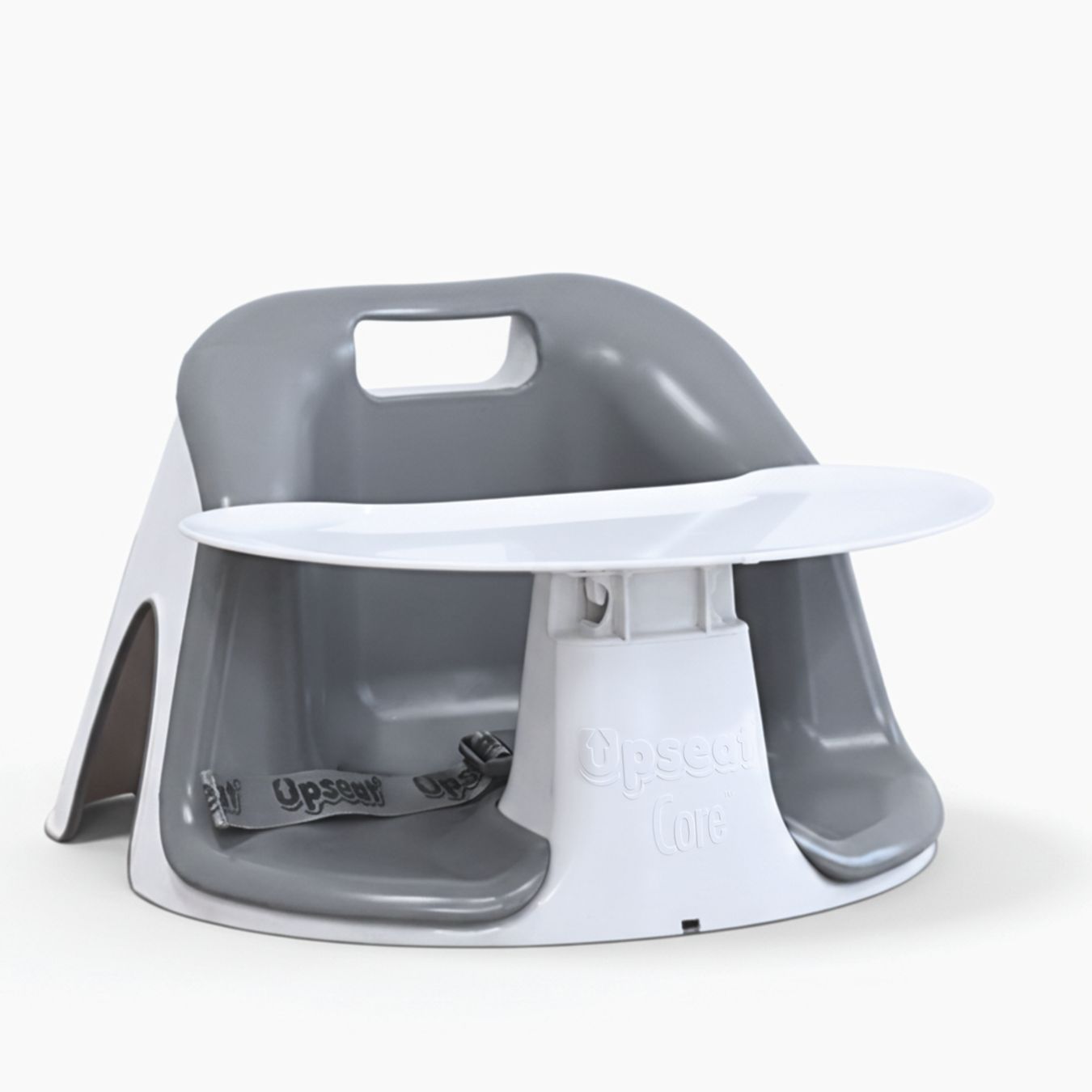 Gray and white baby seat with a removable tray.