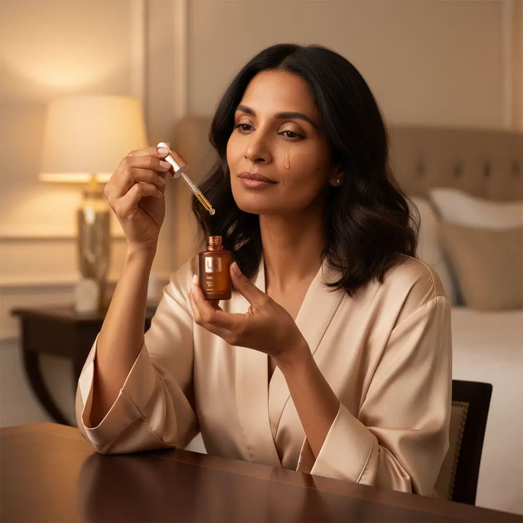 Woman applying UR Face Oil in a cozy, well-decorated room.